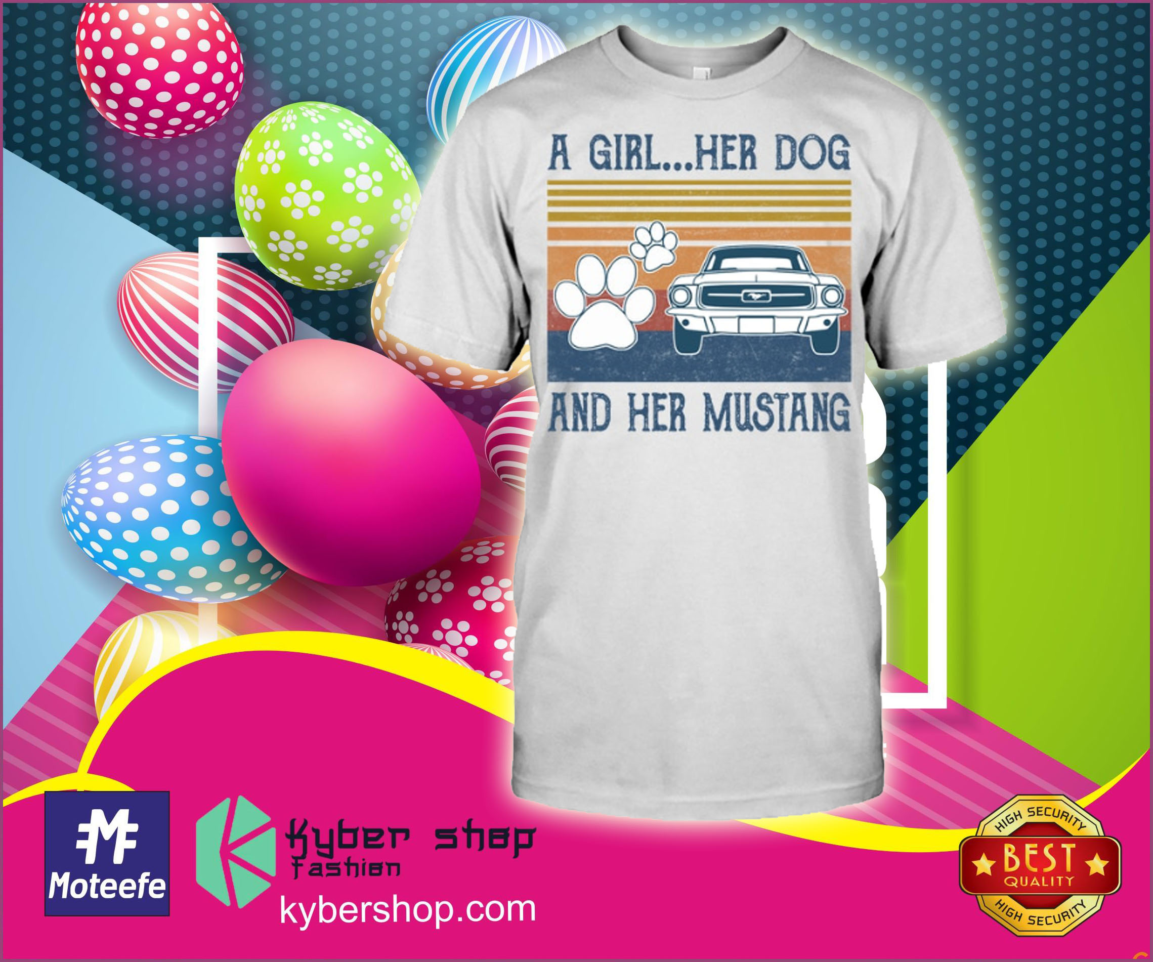 A girl her dog and her mustang shirt