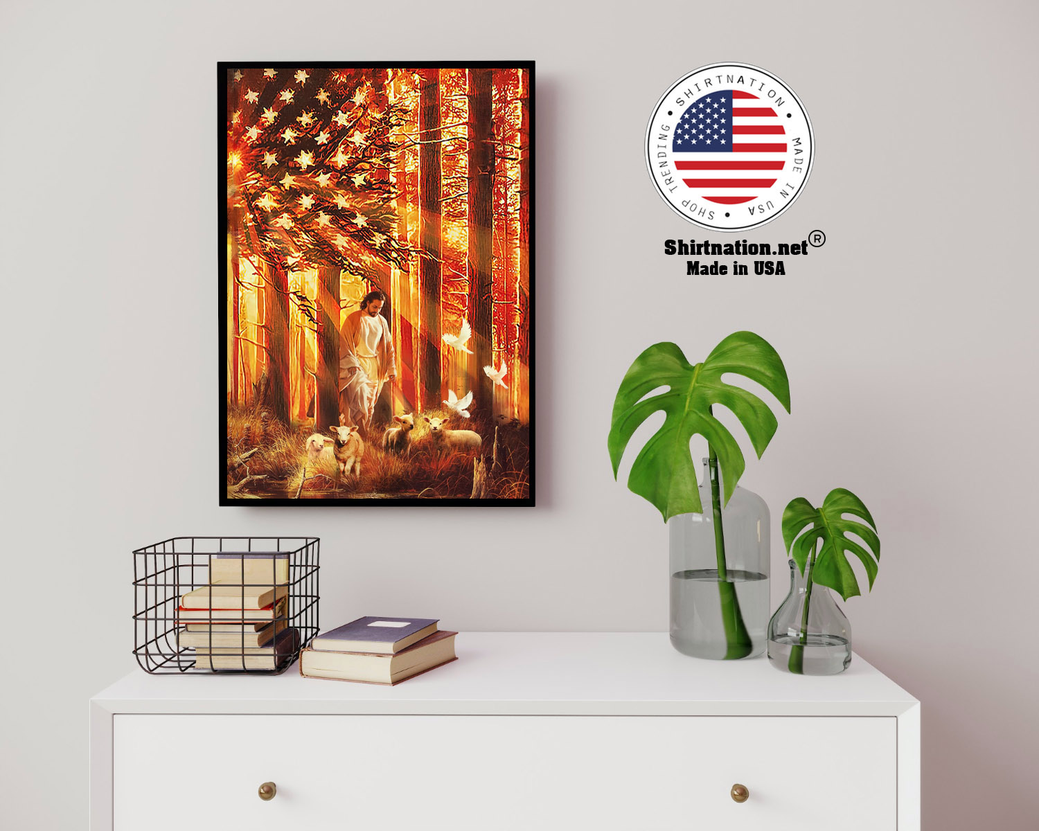 American flag Jesus walking with the lambs poster canvas 14