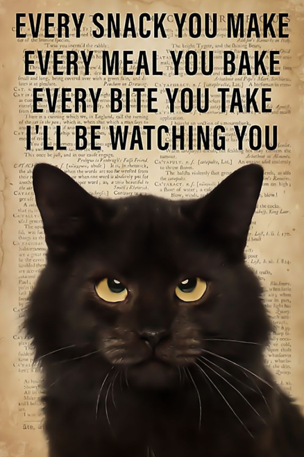 Black cat every snack you make every meal you bake every bite you take i'll be watching you poster