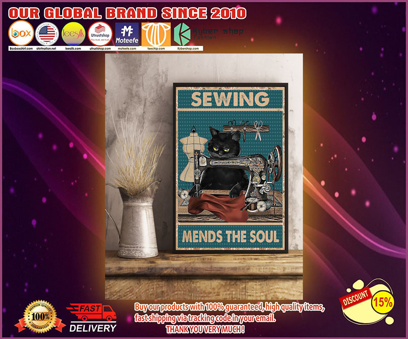 Black cat sewing mends the soul poster