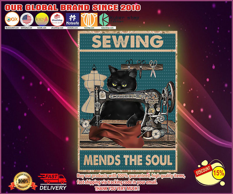 Black cat sewing mends the soul poster