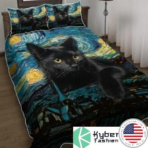 Black cat starry night bedding set