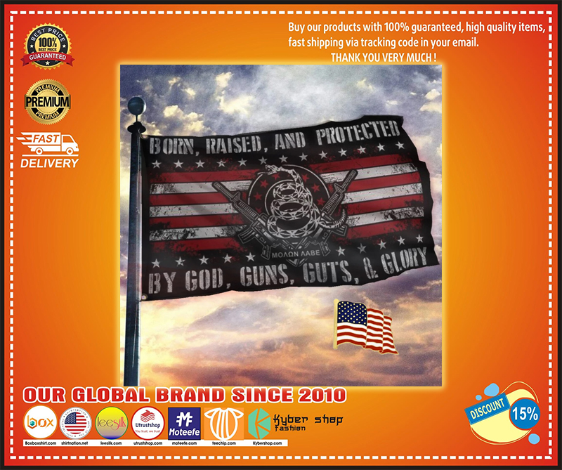 Born raised and protected by god guns guts and glory american flag