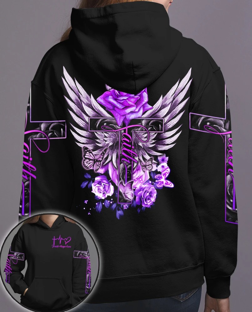 Cross purple rose butterfly faith 3D hoodie