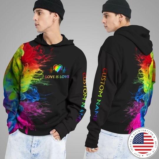 LGBT Love is love rainbow heartbeats custom name 3D hoodie