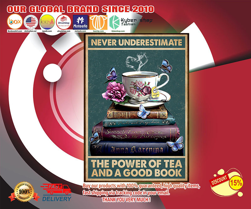 Never underestimate the power of tea and a good book poster