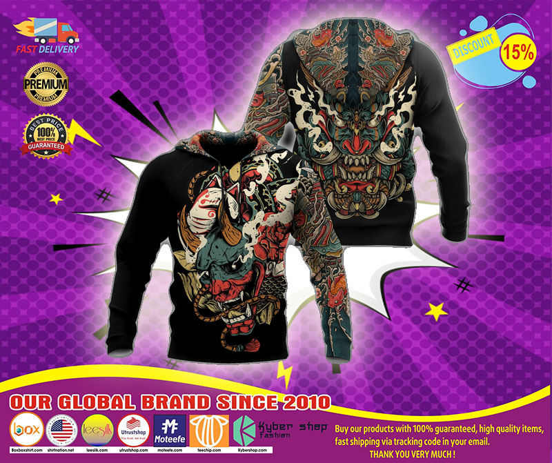 Oni mask tattoo 3D hoodie1