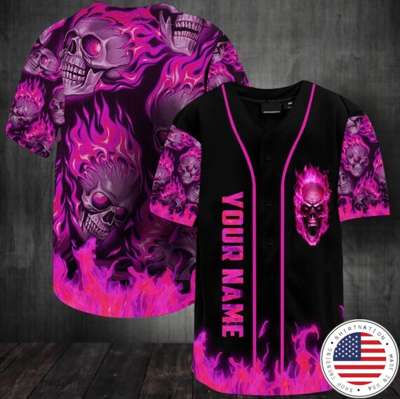 Sunny fire skull custom name baseball jersey shirt1