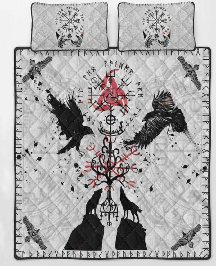 Viking vegvisir hugin and munin with fenrir yggdrasil bedding set