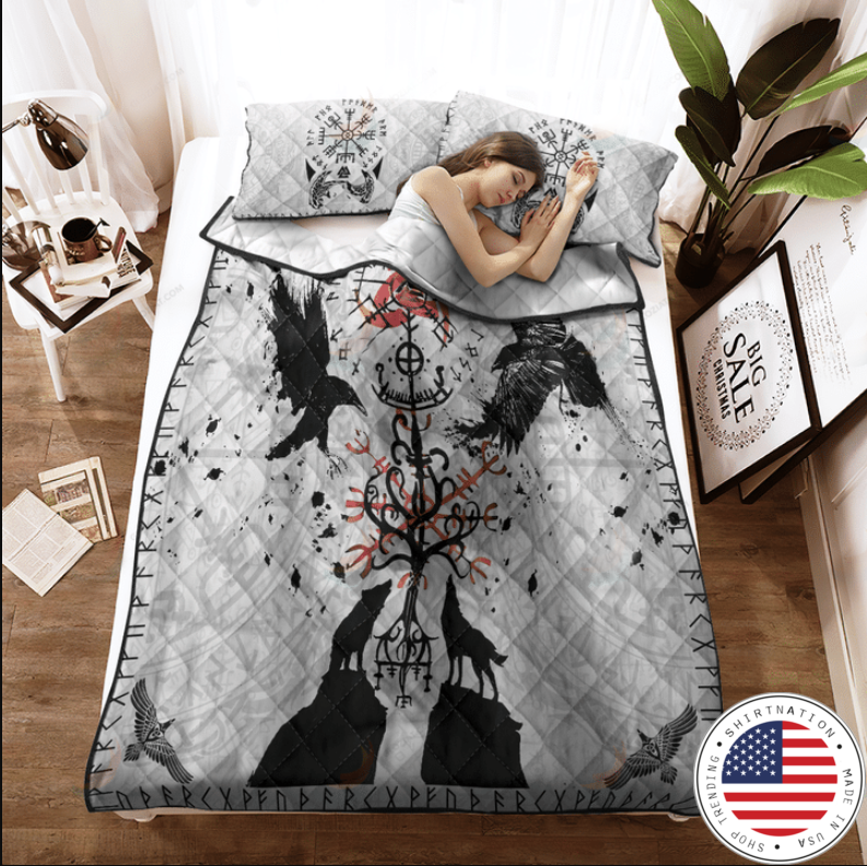 Viking vegvisir hugin and munin with fenrir yggdrasil bedding set2