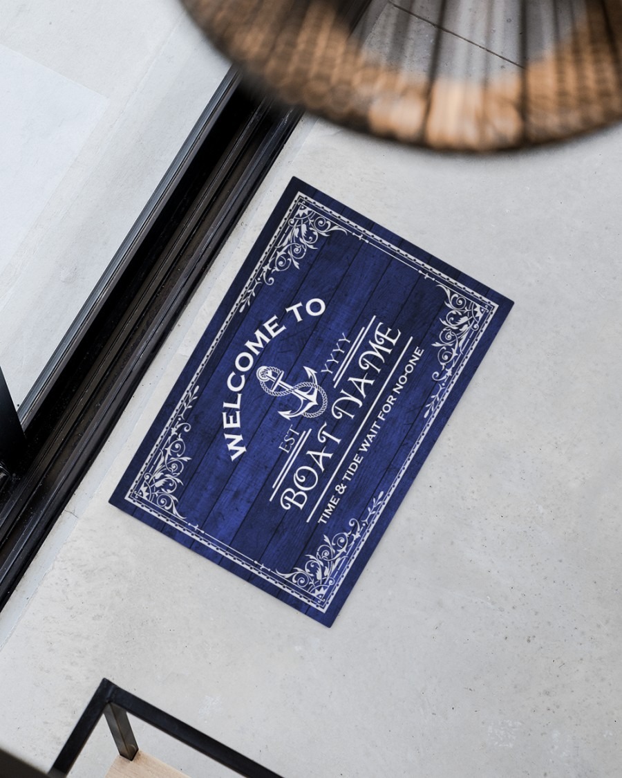 Welcome to time and tide wait for no one boat custom name doormat2