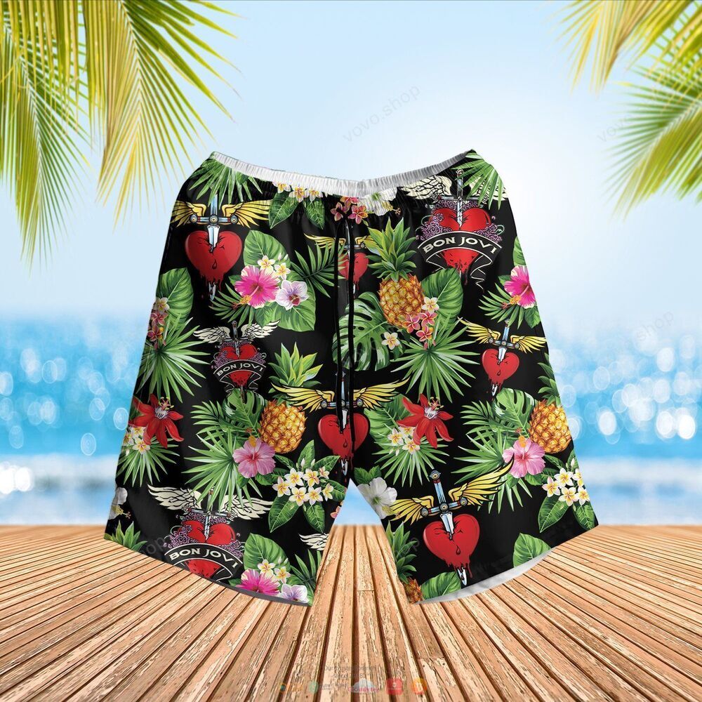 Bon Jovi band black green pineapple Hawaiian Shirt shorts 1