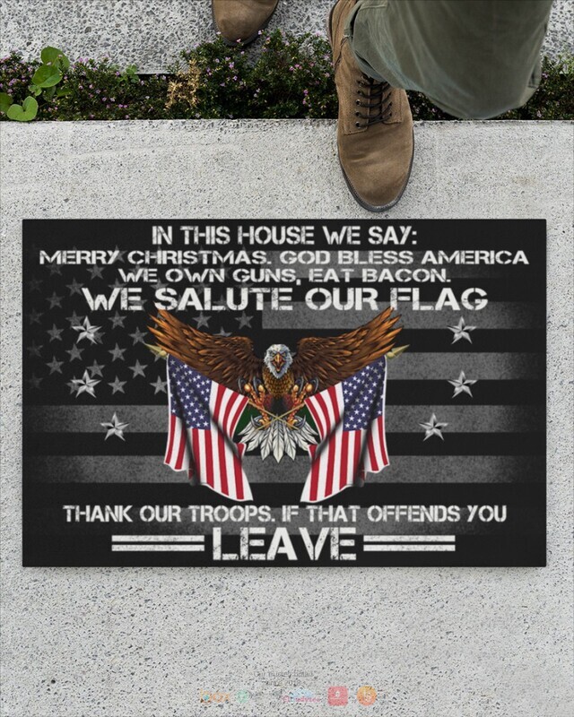 In This house we say Merry Christmas God bless America Eagle flag doormat