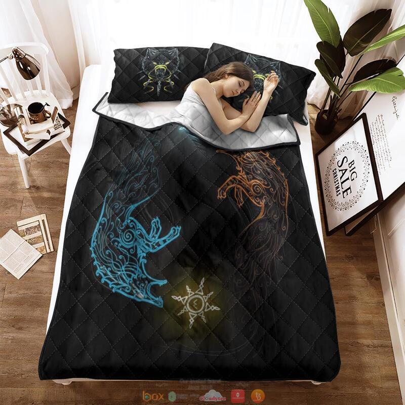 Sons Of Fenrir Hati and Skoll Viking black Quilt Bedding Set 1 2 3