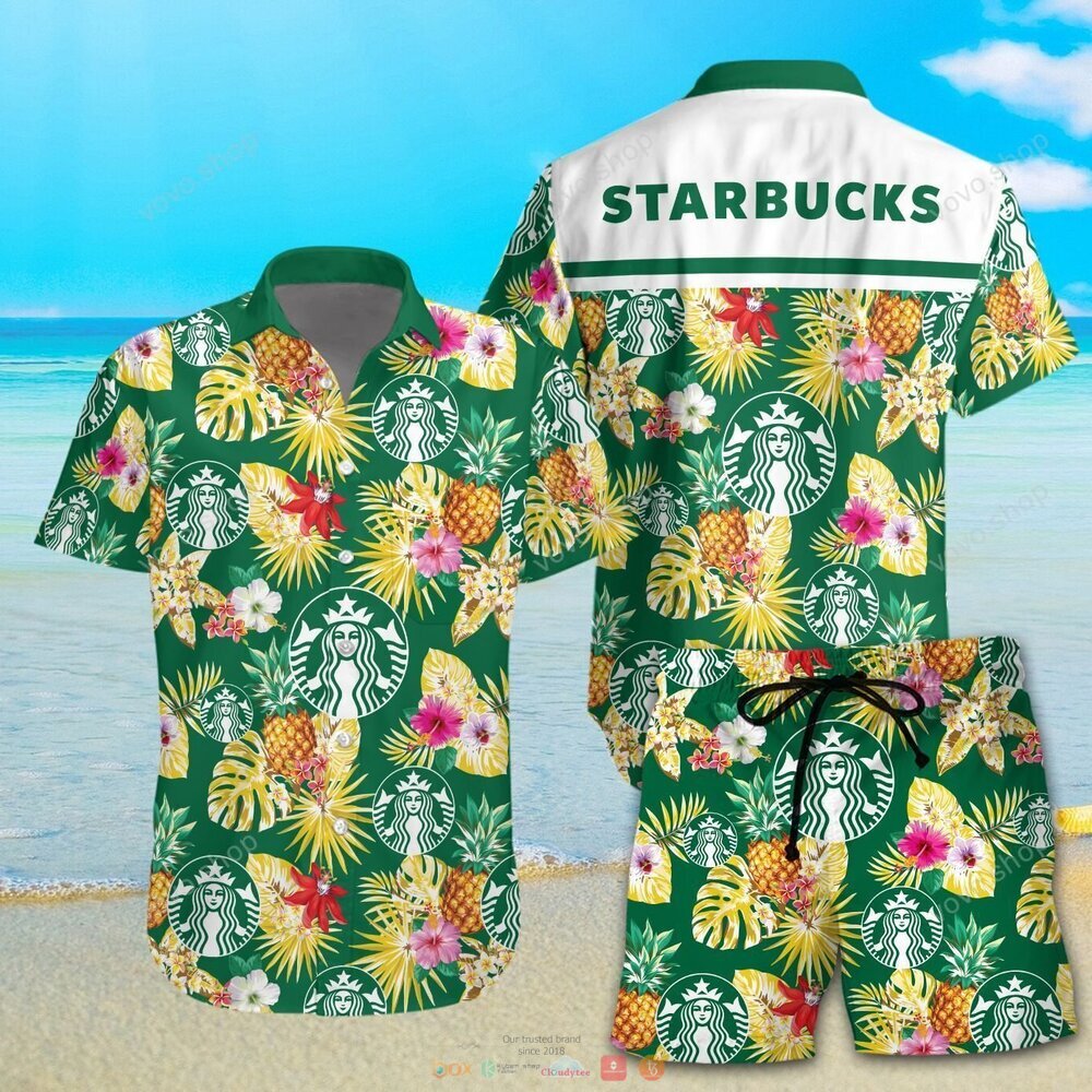 Starbucks green pineapple Hawaiian Shirt shorts