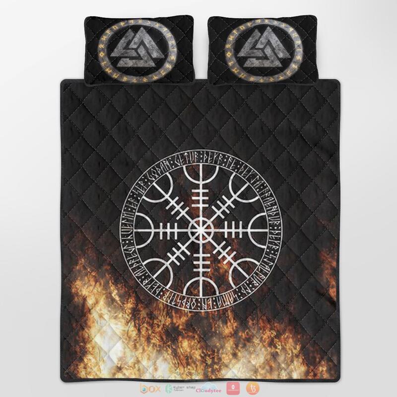 Vegvisir On Fire Valknut Viking black Quilt Bedding Set 1