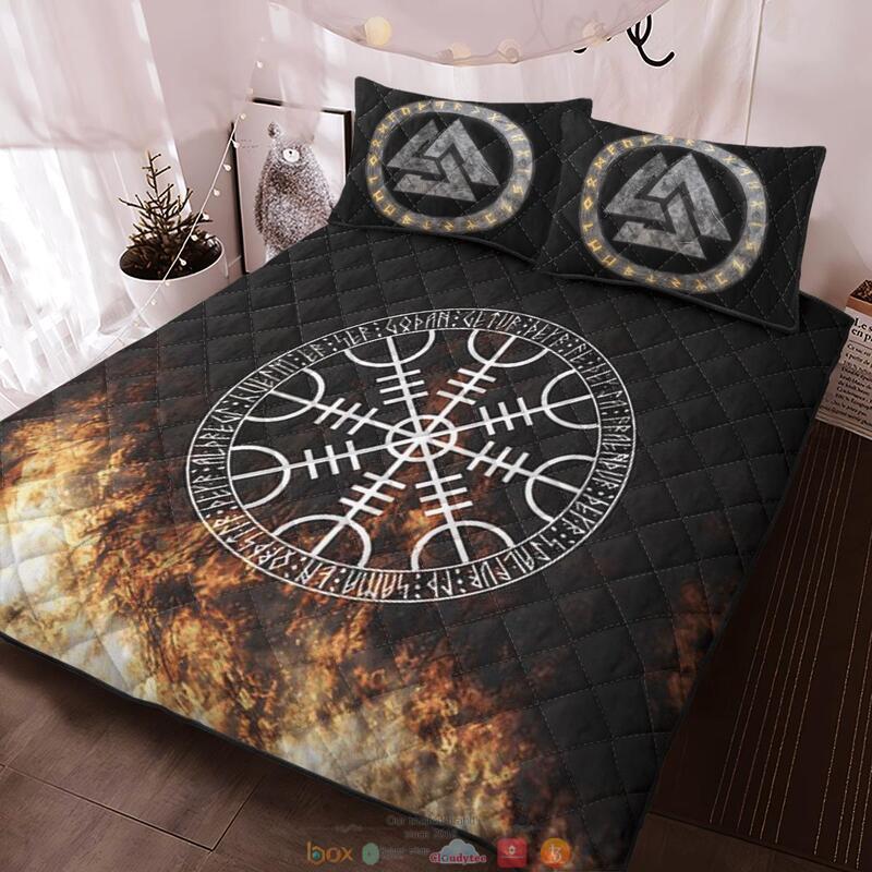 Vegvisir On Fire Valknut Viking black Quilt Bedding Set 1 2 3 4
