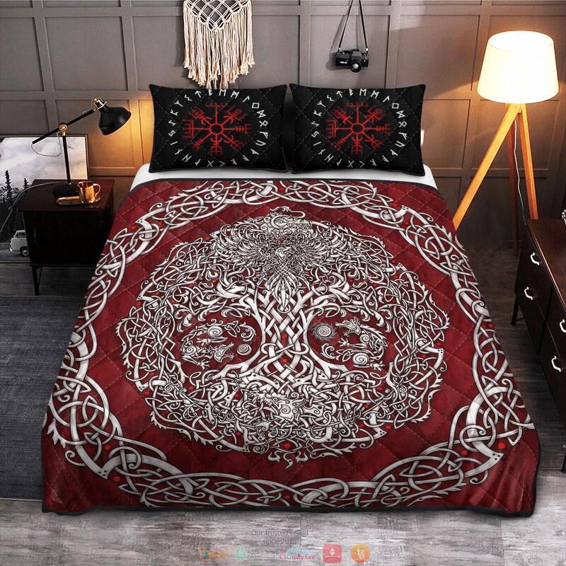 Yggdrasil Vegvisir Viking Red Quilt Bedding Set