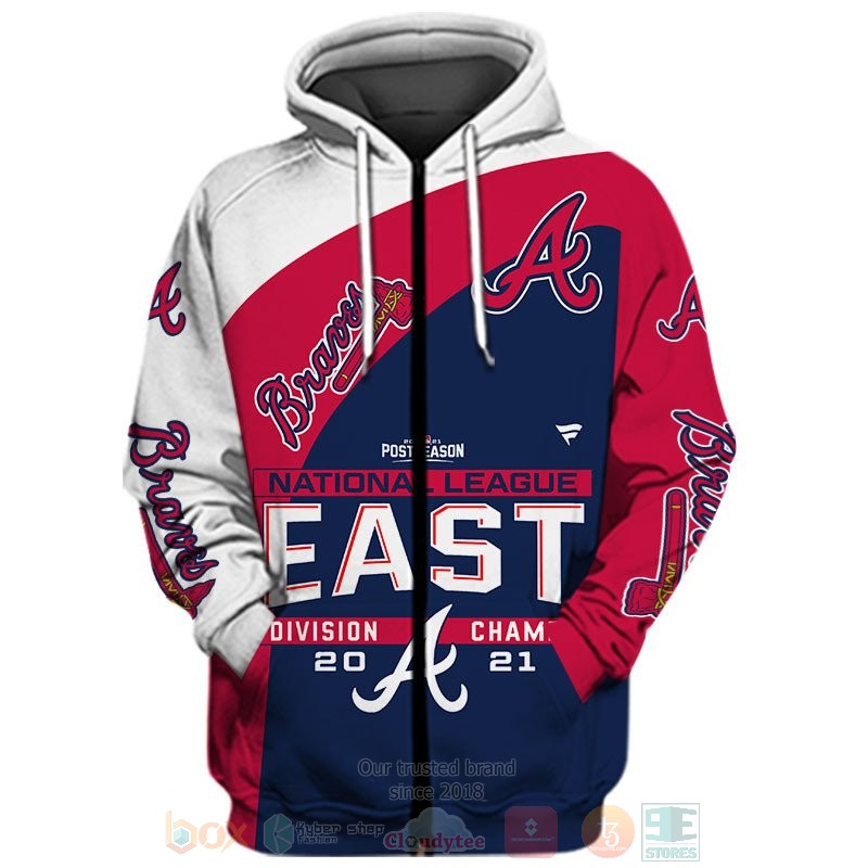 Atlanta Braves NL East Division Champions 2021 white red blue 3D shirt hoodie 1 2 3 4 5 6 7 8 9 10 11 12 13 14