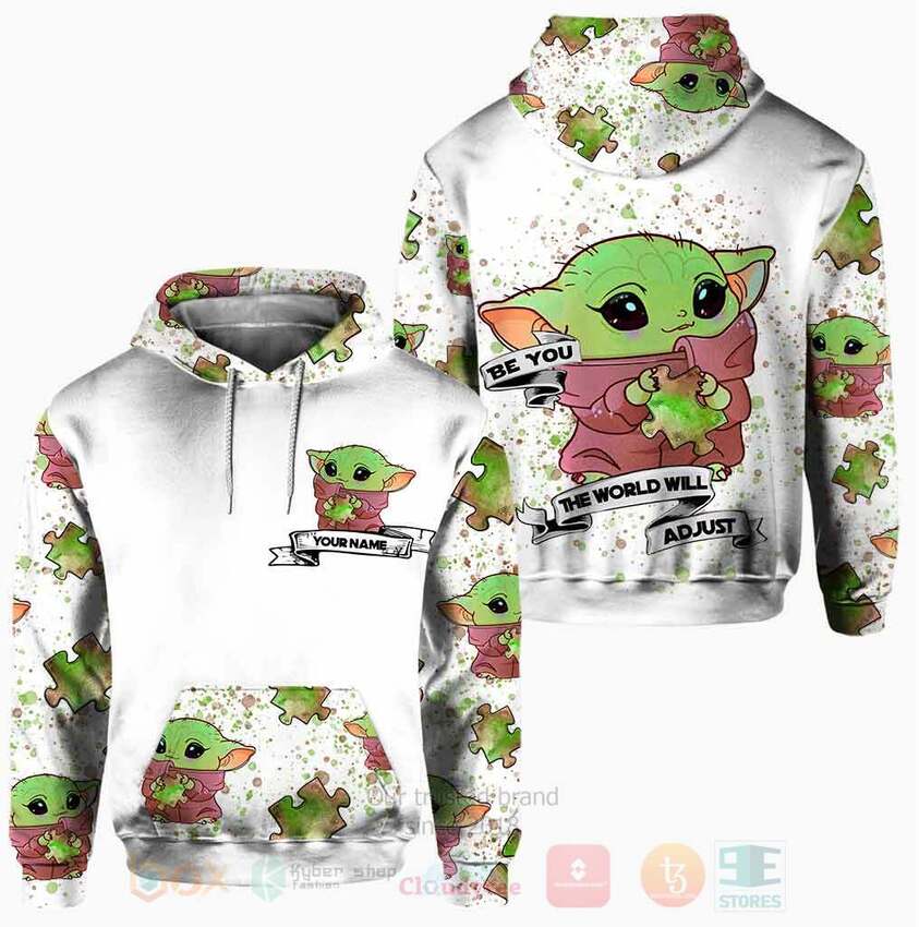 Baby Yoda Be You The World Will Adjust Autism Awareness Custom Name 3D Hoodie Leggings 1