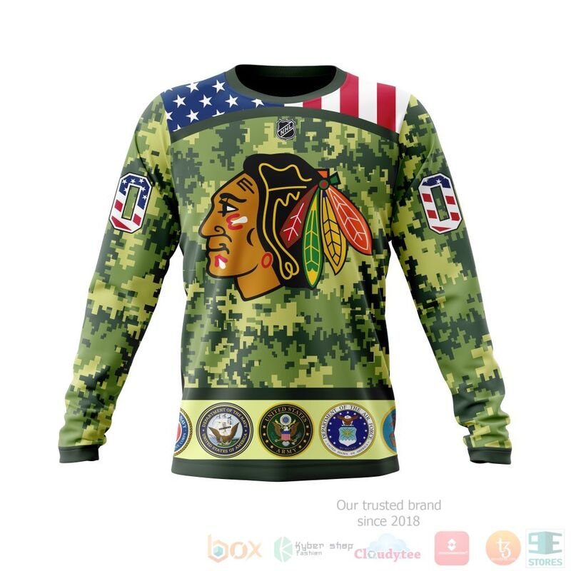 NHL Chicago BlackHawks Honor Military With Green Camo Color 3D Hoodie Shirt 1 2