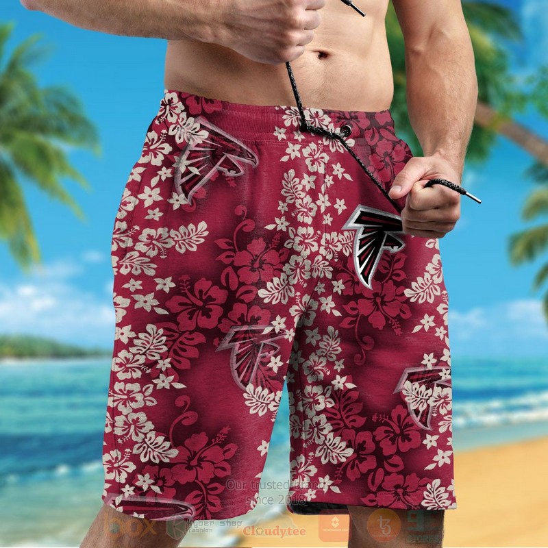 NFL Atlanta Falcons Dark Red Hibiscus Flower Hawaiian Shirt Short 1 2 3 4