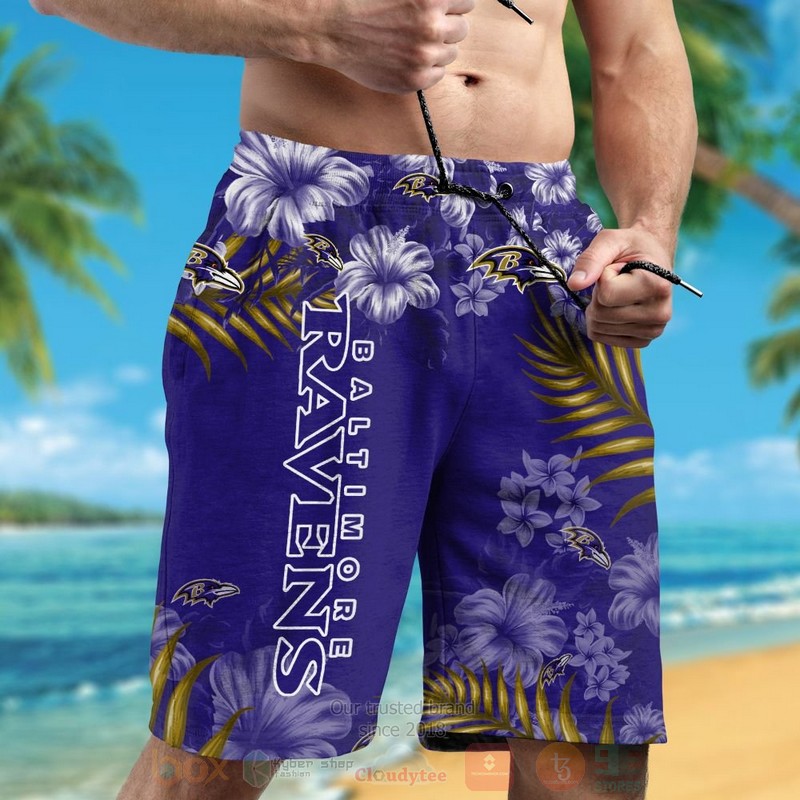 NFL Baltimore Ravens Blue Hibiscus Flowers Hawaiian Shirt Short 1 2 3 4