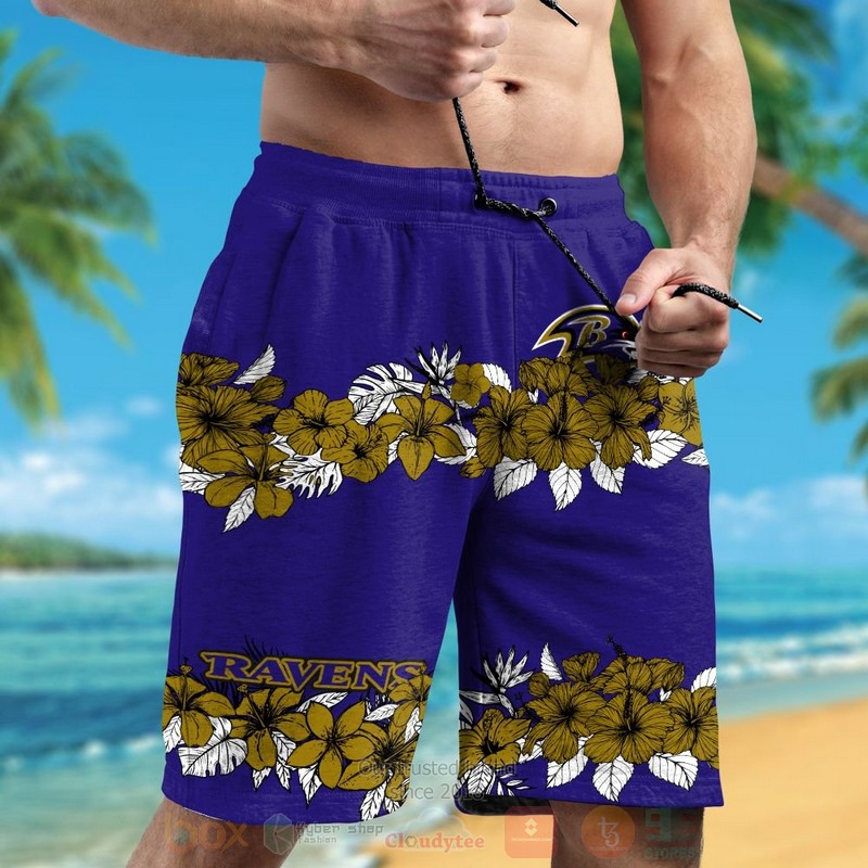 NFL Baltimore Ravens Brown Hibiscus Flowers Hawaiian Shirt Short 1 2 3 4