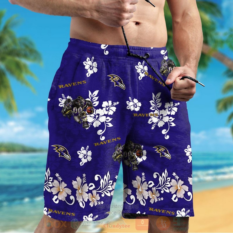 NFL Baltimore Ravens Full Navy Hibiscus Flower Hawaiian Shirt Short 1 2 3 4