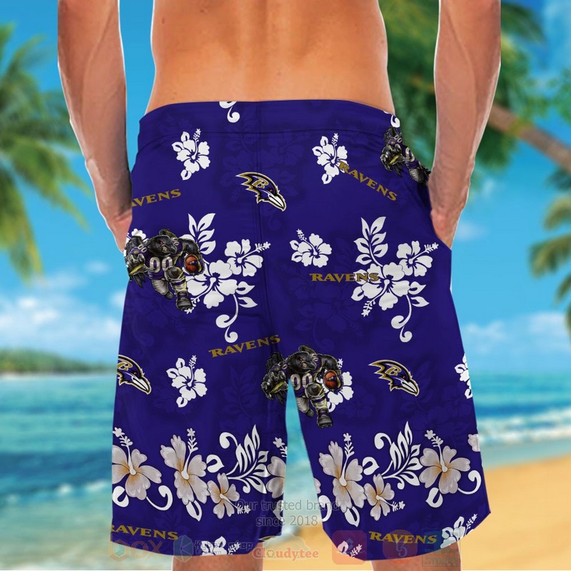 NFL Baltimore Ravens Full Navy Hibiscus Flower Hawaiian Shirt Short 1 2 3 4 5