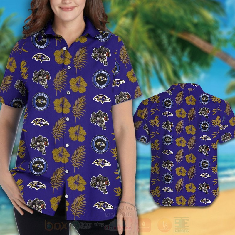 NFL Baltimore Ravens Hibiscus Flower Full Navy Hawaiian Shirt Short 1
