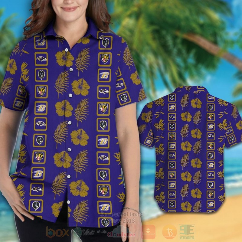 NFL Baltimore Ravens Navy Brown Hibiscus Flower Hawaiian Shirt Short 1 2