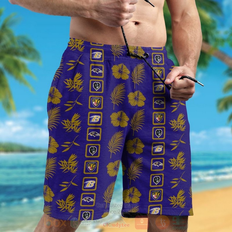 NFL Baltimore Ravens Navy Brown Hibiscus Flower Hawaiian Shirt Short 1 2 3 4
