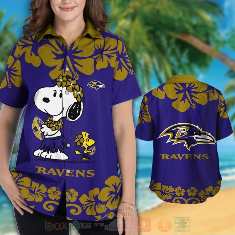 NFL Baltimore Ravens Snoopy and Woodstock Hawaiian Shirt Short 1 2