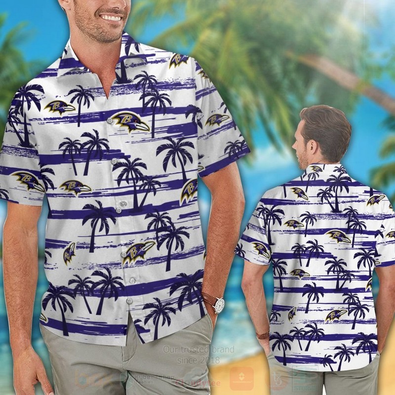 NFL Baltimore Ravens White Navy Hawaiian Shirt Short