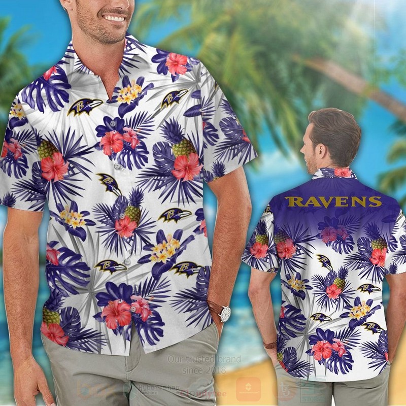 NFL Baltimore Ravens White Red Hibiscus Flowers Hawaiian Shirt Short