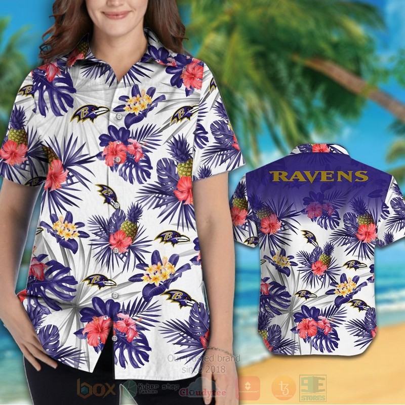 NFL Baltimore Ravens White Red Hibiscus Flowers Hawaiian Shirt Short 1 2