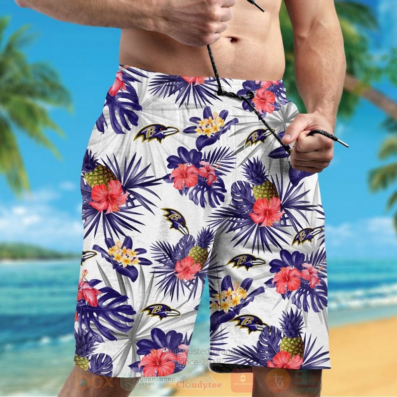 NFL Baltimore Ravens White Red Hibiscus Flowers Hawaiian Shirt Short 1 2 3 4