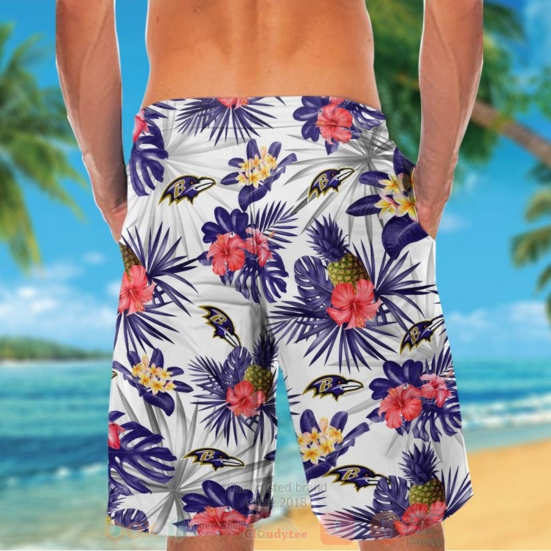 NFL Baltimore Ravens White Red Hibiscus Flowers Hawaiian Shirt Short 1 2 3 4 5