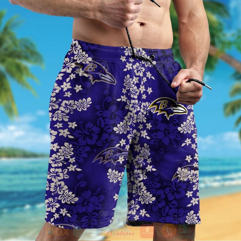 NFL Baltimore Ravens White Hibiscus Flowers Hawaiian Shirt Short 1 2 3 4