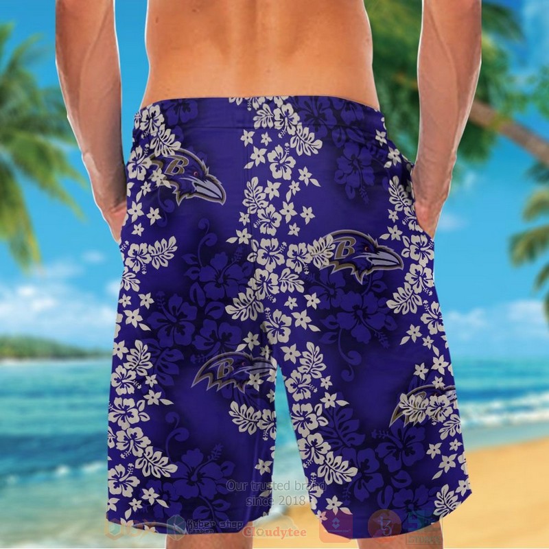 NFL Baltimore Ravens White Hibiscus Flowers Hawaiian Shirt Short 1 2 3 4 5
