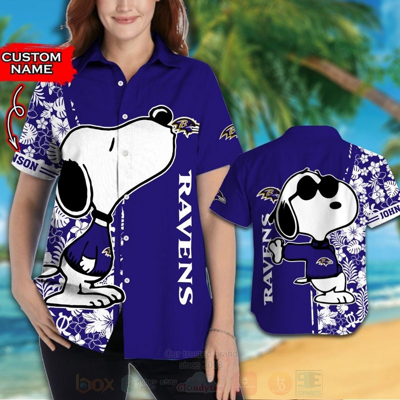 NFL Baltimore Ravens and Snoopy Custom Name Hawaiian Shirt Short 1