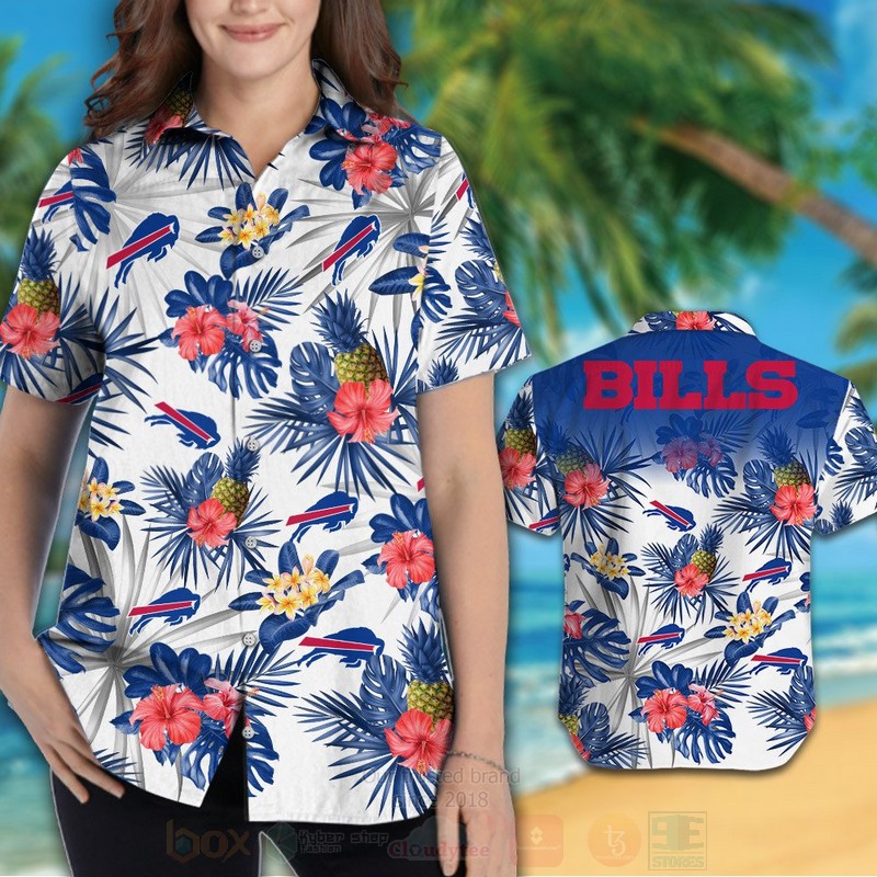 NFL Buffalo Bills Blue White Hibiscus Flowers Hawaiian Shirt Short 1