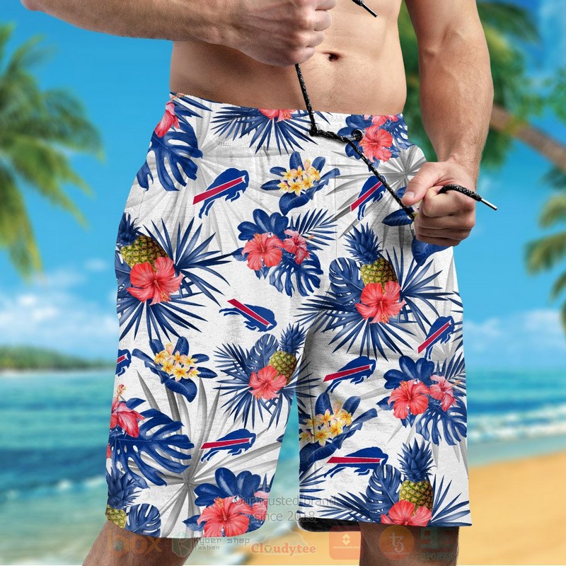 NFL Buffalo Bills Blue White Hibiscus Flowers Hawaiian Shirt Short 1 2 3 4