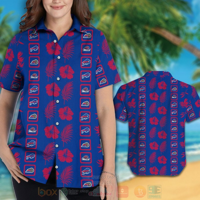 NFL Buffalo Bills Full Blue Red Hibiscus Flowers Hawaiian Shirt Short 1 2