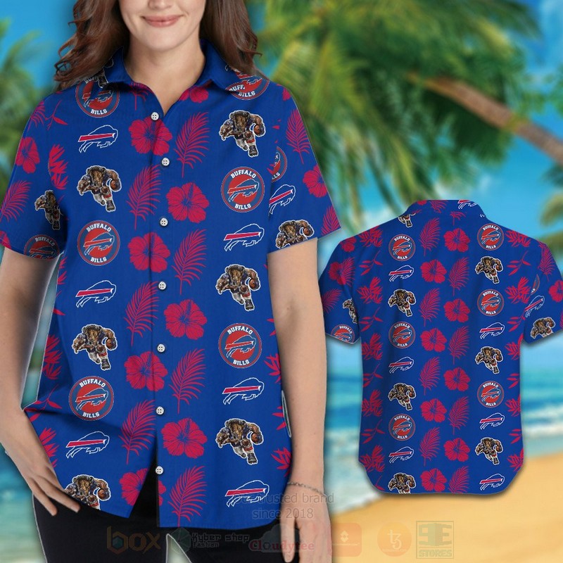 NFL Buffalo Bills Red Hibiscus Flowers and Logos Hawaiian Shirt Short 1