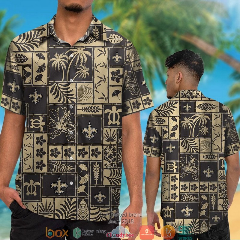 New Orleans Saints hibiscus coconut ocean square pattern black Hawaiian Shirt short 1