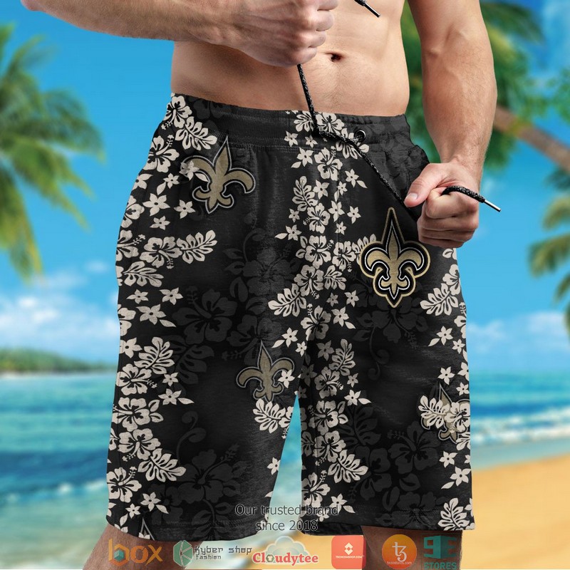 New Orleans Saints hibiscus flower pattern black Hawaiian Shirt short 1 2 3 4