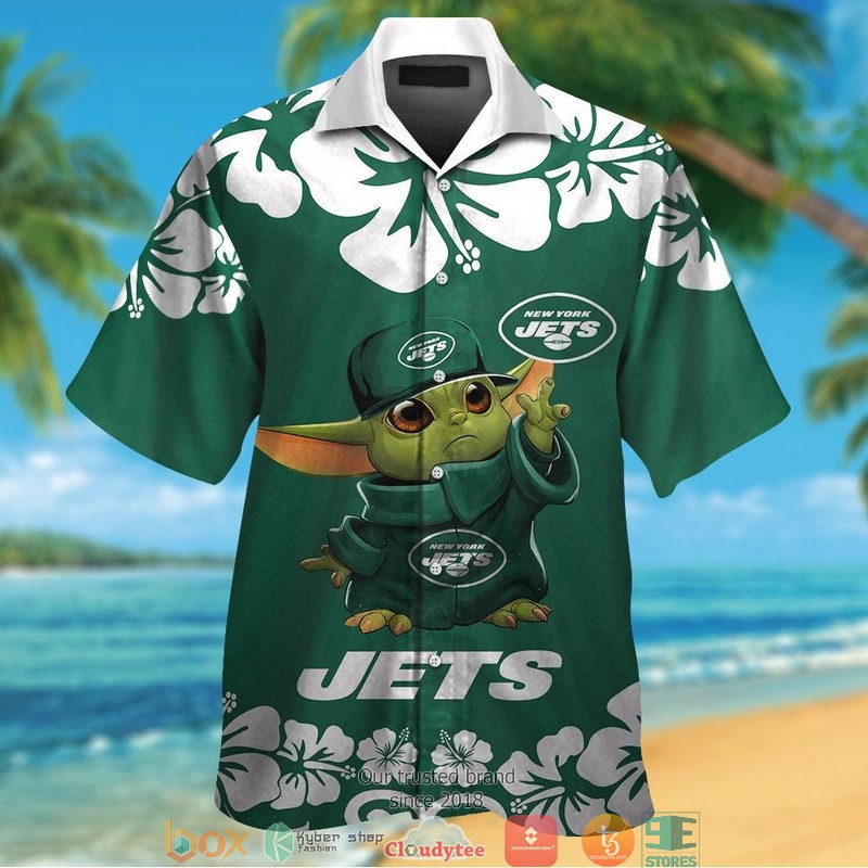 New York Jets Baby Yoda Hibiscus Hawaiian Shirt short