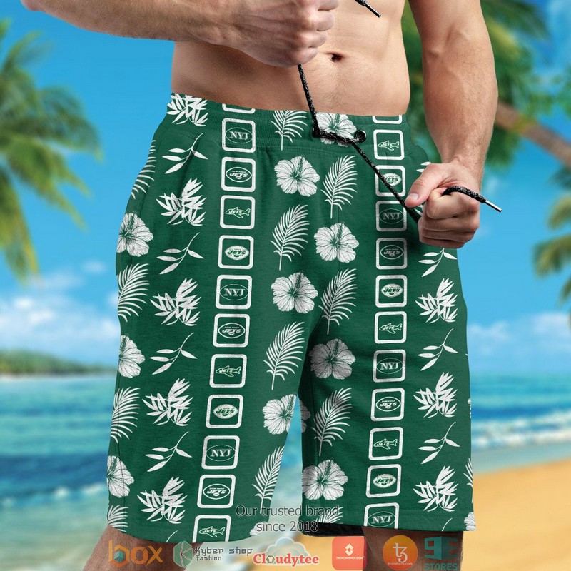 New York Jets Hibiscus Leaf Square Pattern Hawaiian Shirt short 1 2 3 4